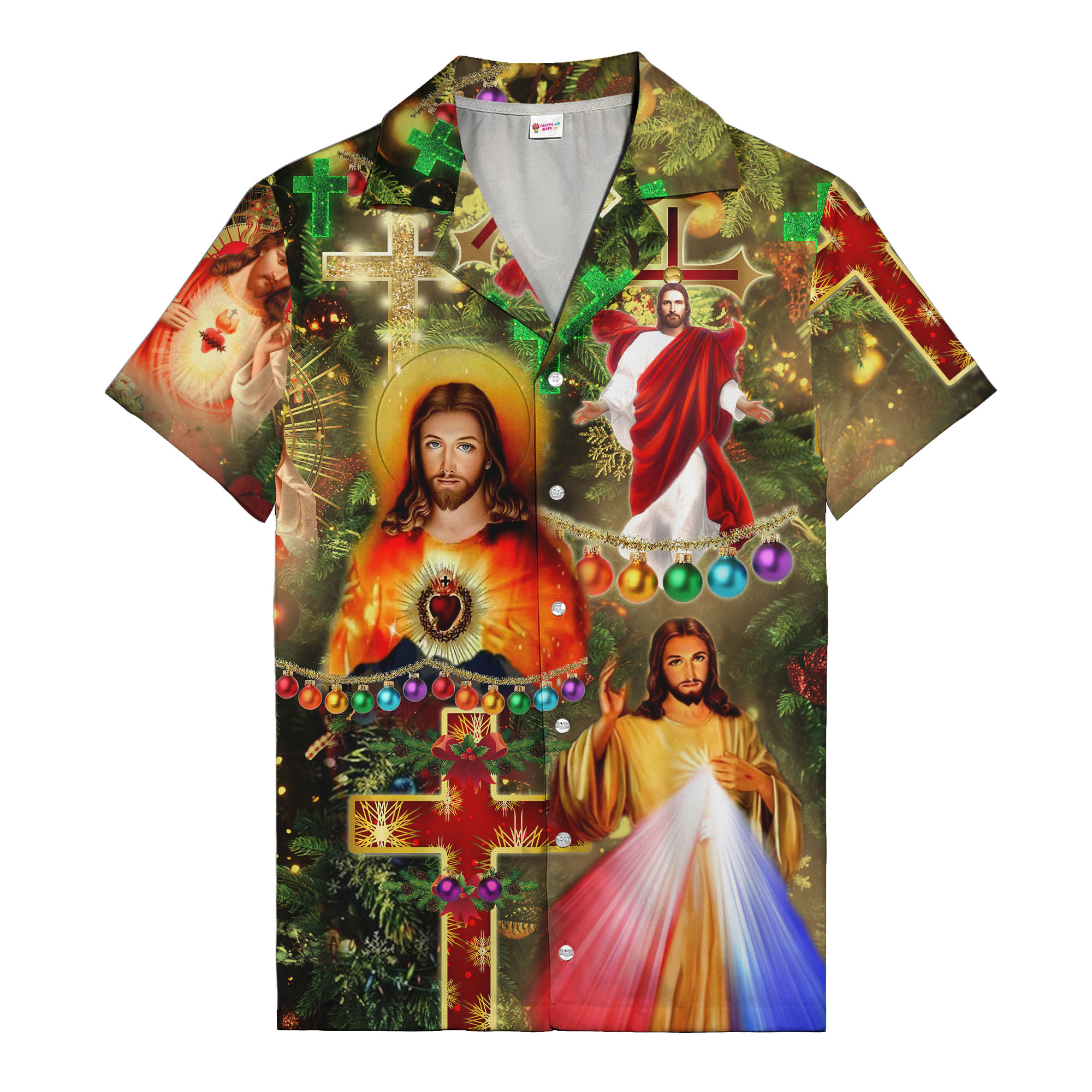 jesus christ halo & christmas crosses ornaments hawaiian shirt for women