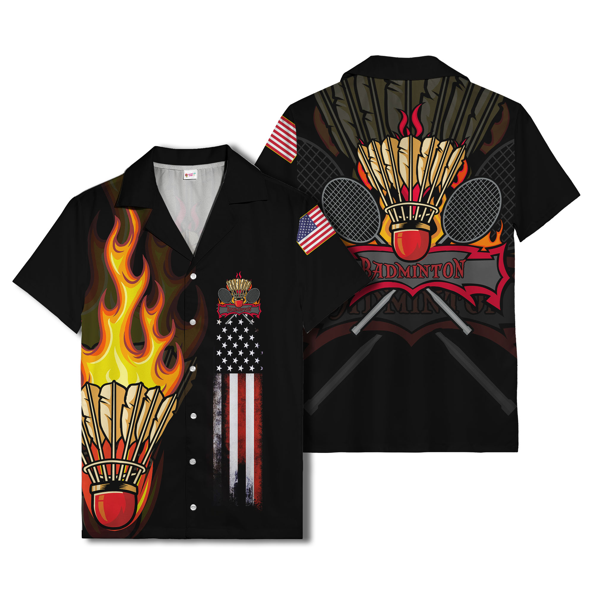 flaming badminton shuttlecock us flag stars & stripes hawaiian shirt for men