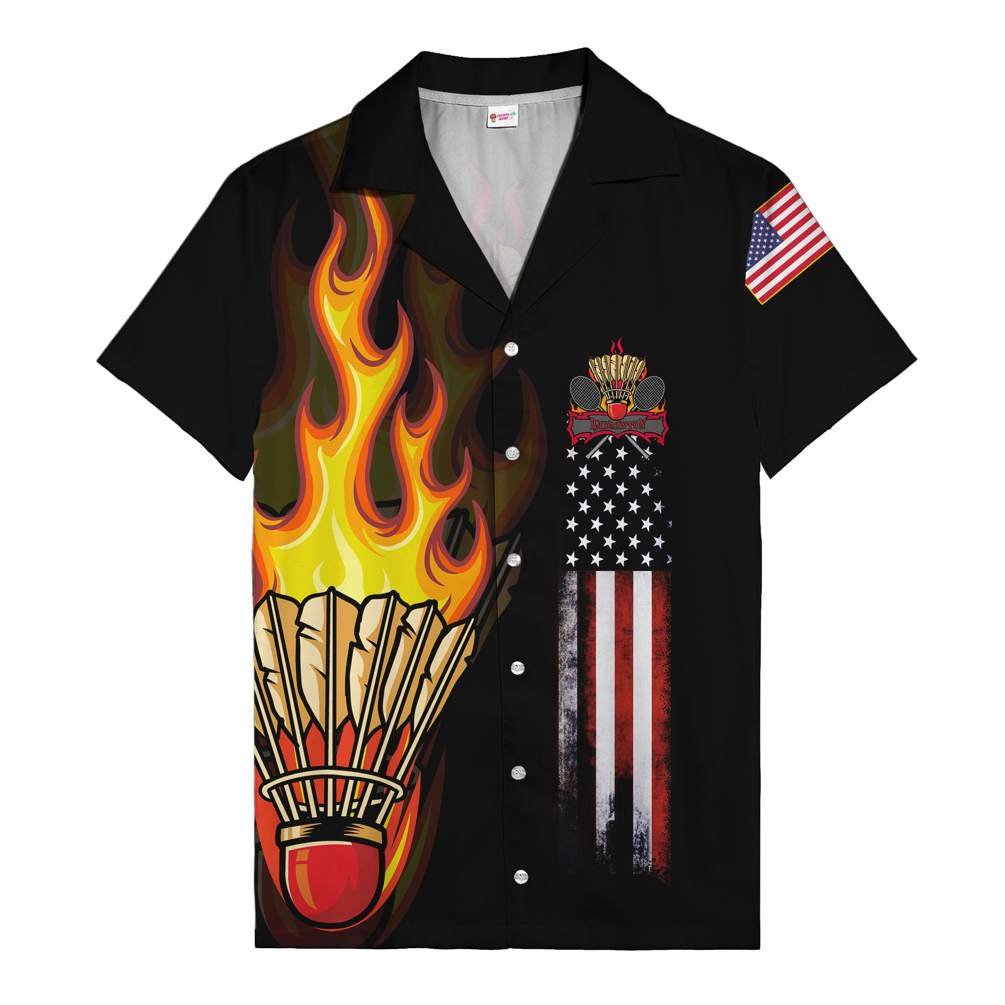 flaming-badminton-shuttlecock-us-flag-stars-v-hws-front flaming badminton shuttlecock us flag stars & stripes hawaiian shirt for men