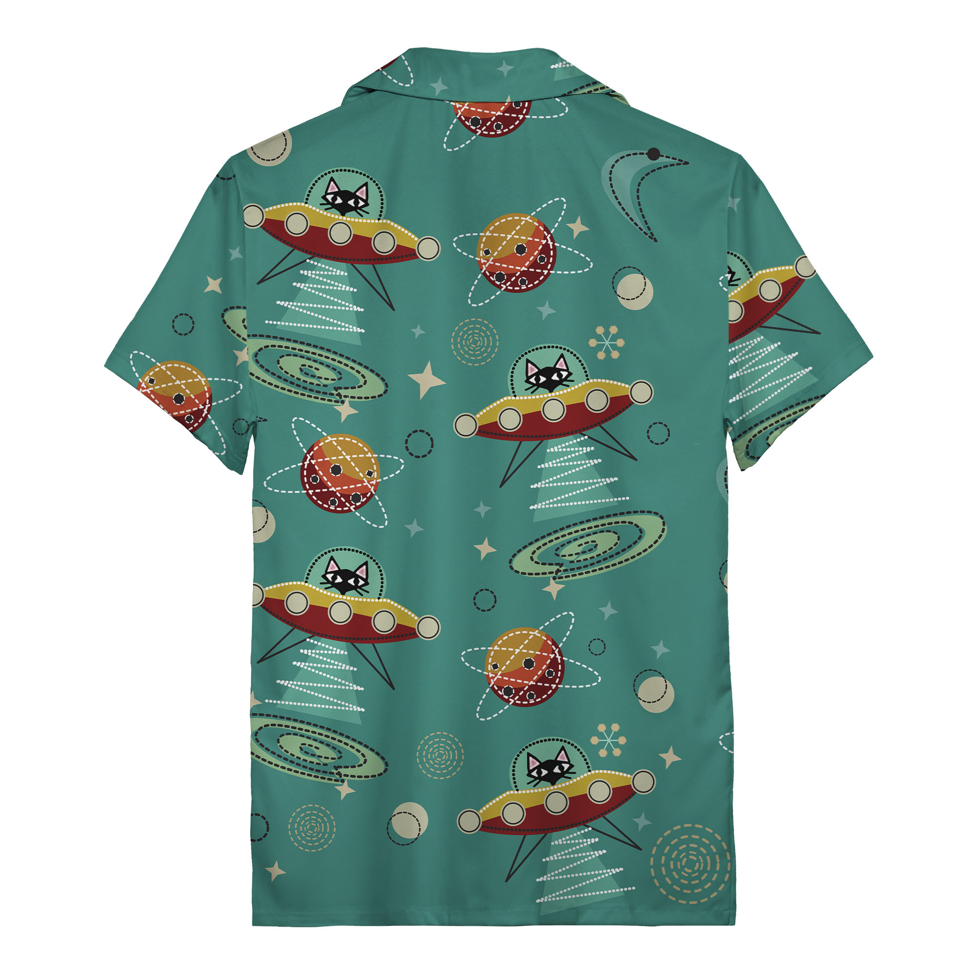 cosmic-cats-ufos-teal-retro-space-hawaiian-shirt-v-hws-back cosmic cats & ufos teal retro space hawaiian shirt — intergalactic feline abduction aloha button dow