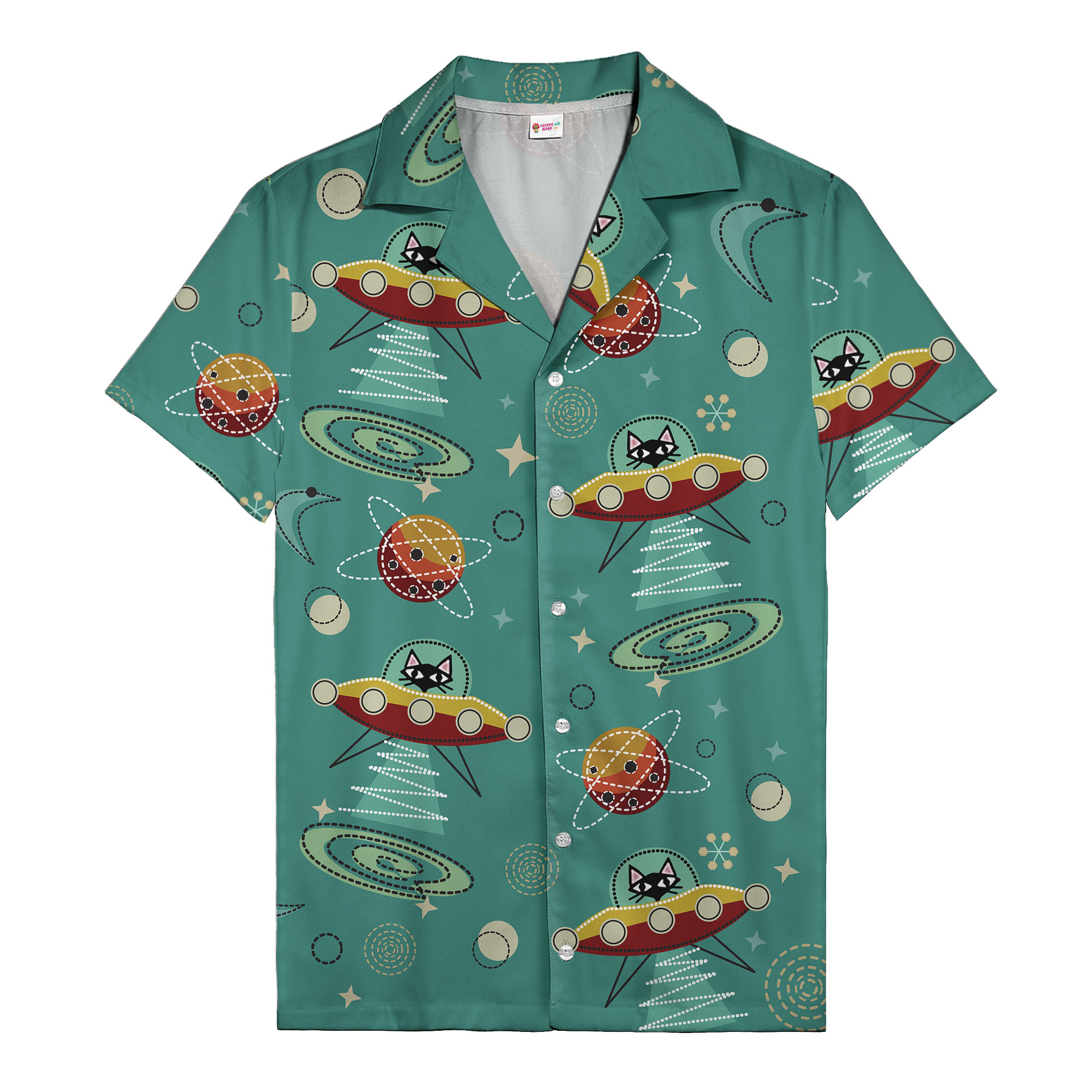 cosmic cats & ufos teal retro space hawaiian shirt — intergalactic feline abduction aloha button dow