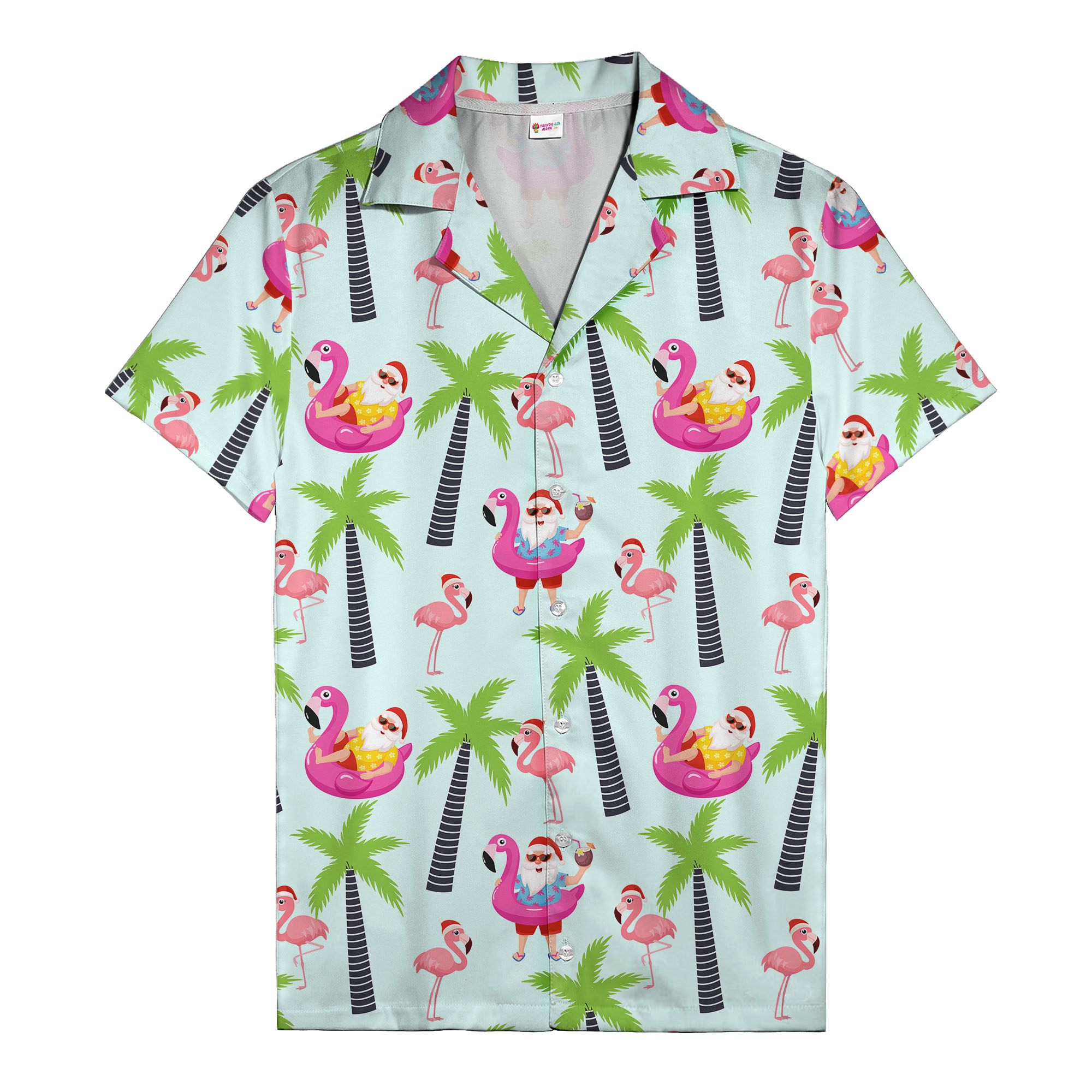 santa on flamingo floats with coconut drinks & palm trees hawaiian shirt for men