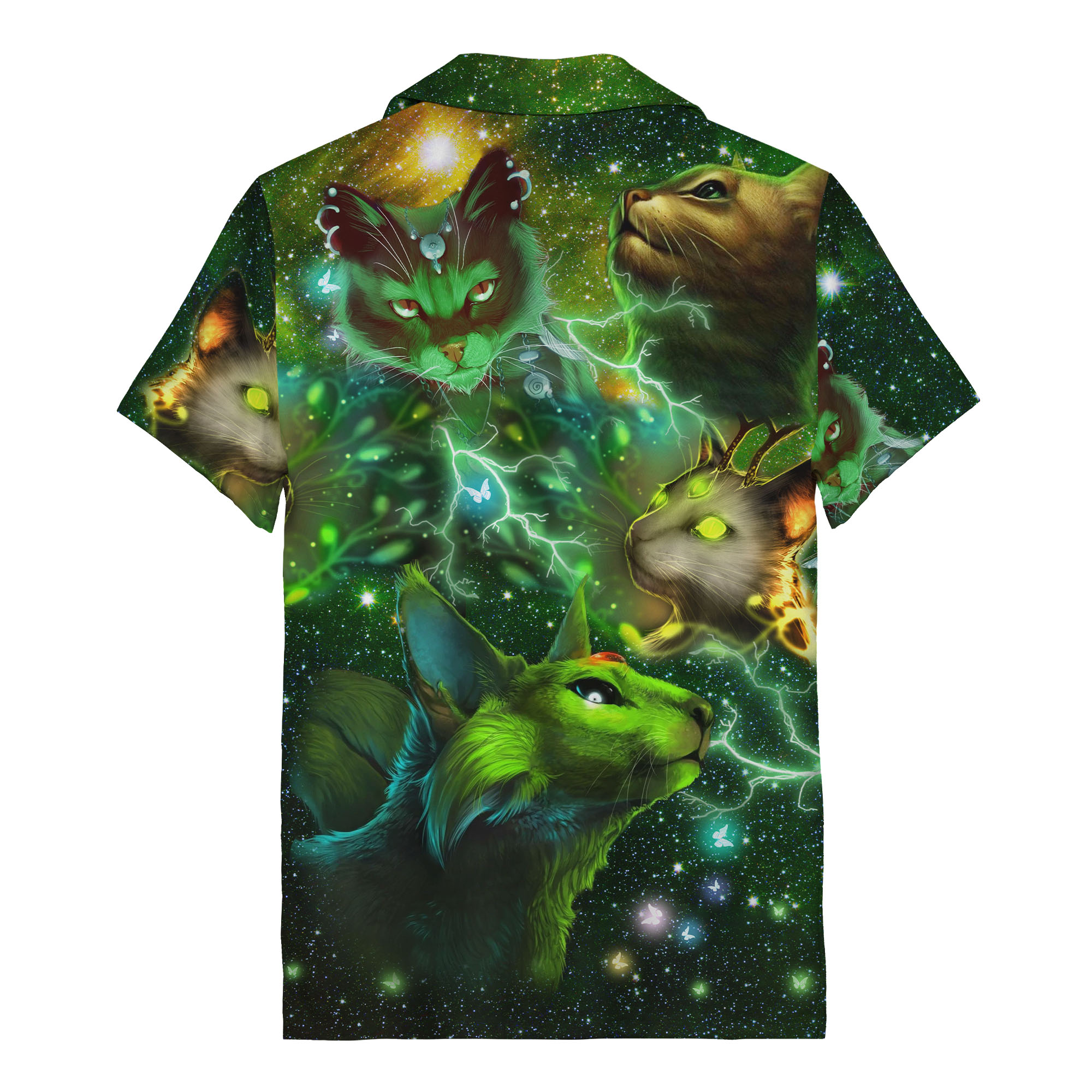 galactic-cats-lightning-bolts-emerald-green-v-hws-back galactic cats lightning bolts emerald green cosmic hawaiian shirt aloha button down shirt