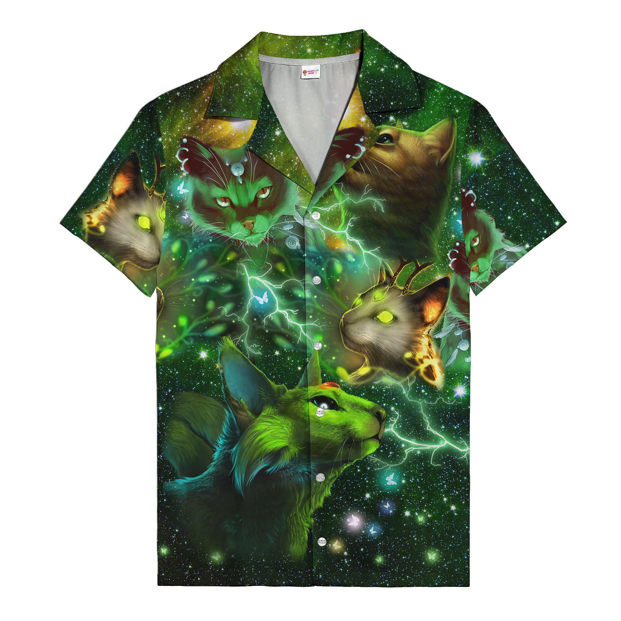 galactic cats lightning bolts emerald green cosmic hawaiian shirt aloha button down shirt