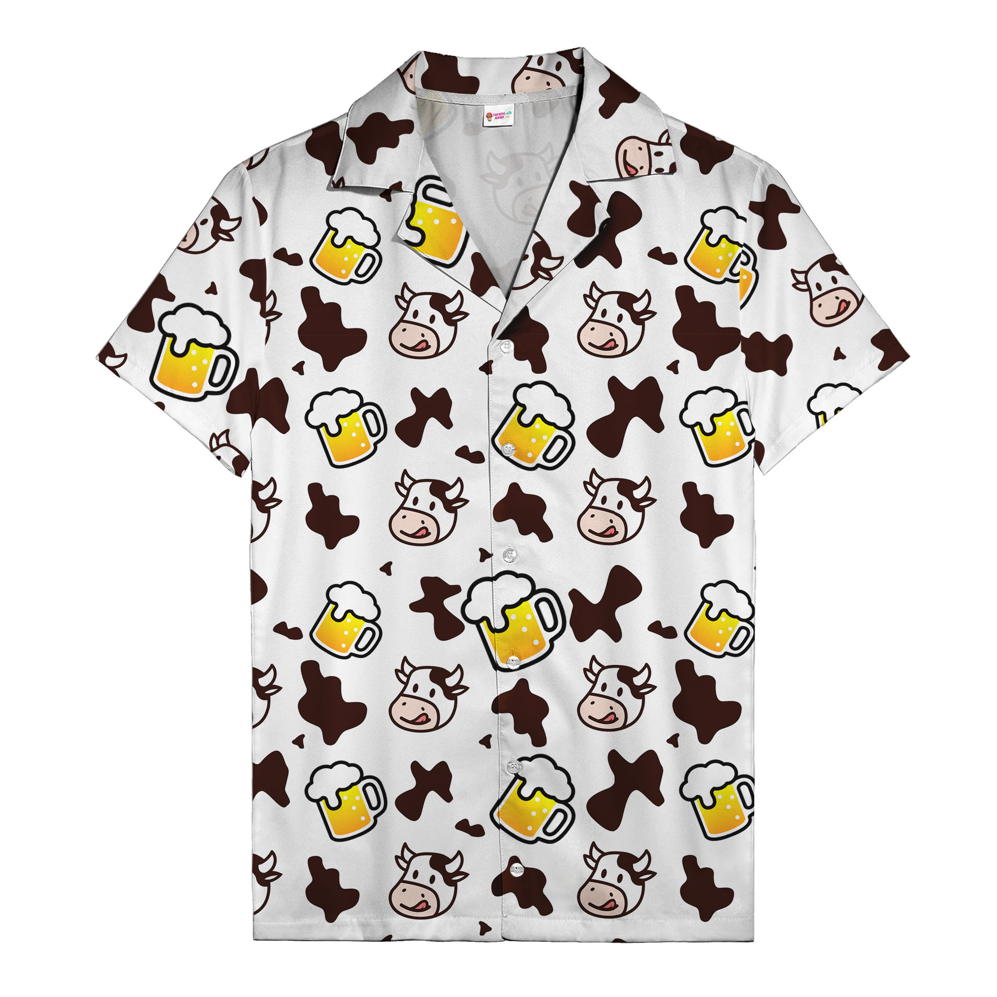 cartoon cow & beer mug repeat pattern men's hawaiian camp shirt hawaiian shirt