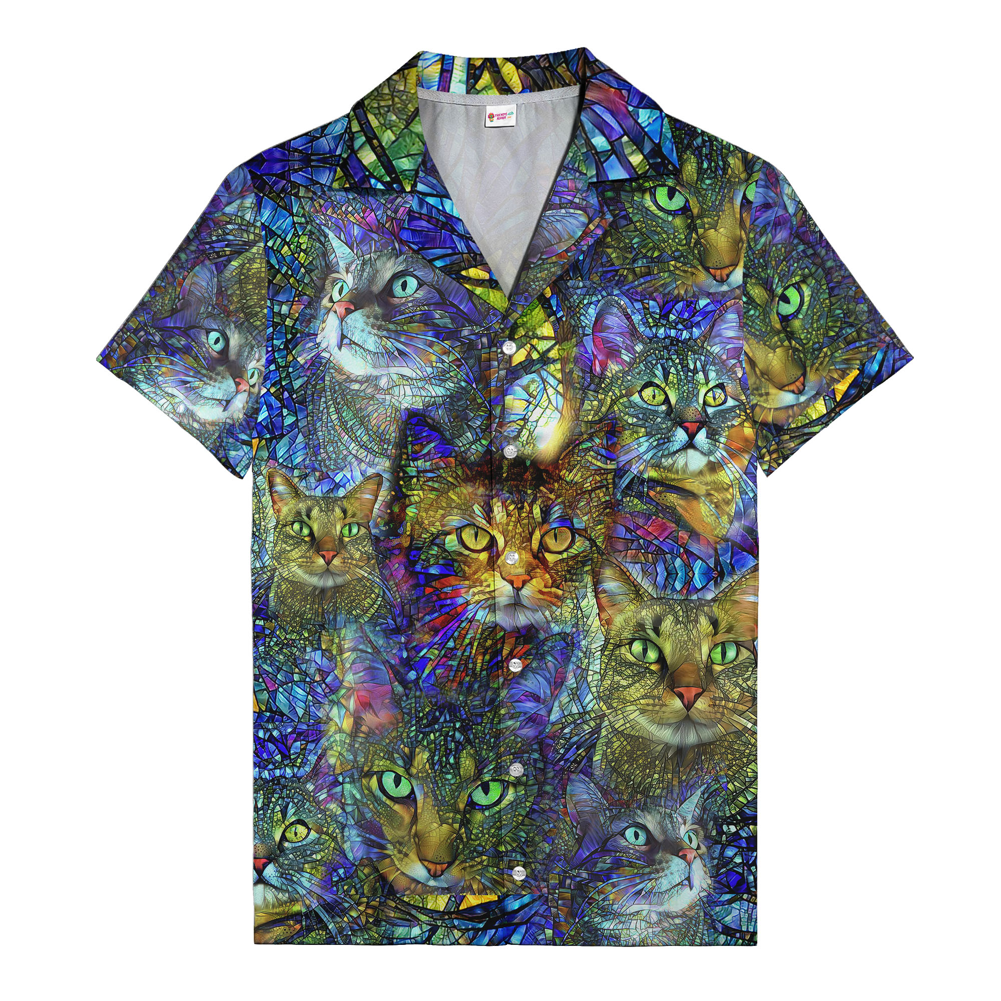 stained glass mosaic cats & jewel tone panels hawaiian shirt for men