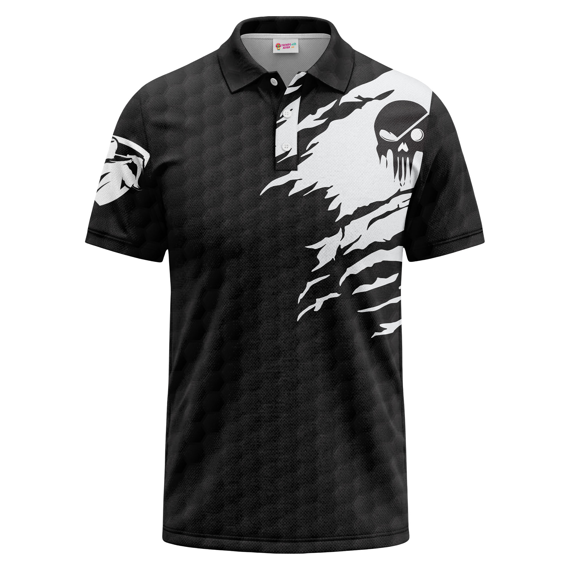 ripped fabric skull graphic monochrome black polo shirt men's performance polo shirt