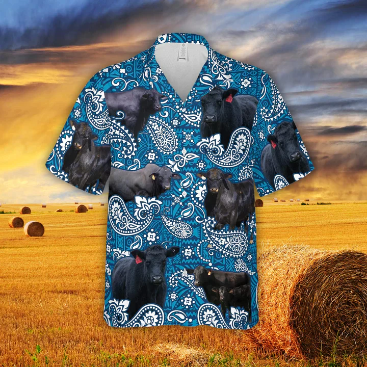 Paisley Pattern Black Angus Cow All Over Printed 3D Trendy Hawaiian Shirt For Men, Summer Aloha Shirt Men And Women