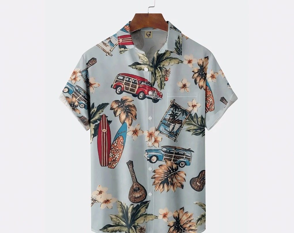 Palm Leaf Chest Pocket Short Sleeve Trendy Hawaiian Shirt, Short Sleeve Button Down, Gift For Family, Hawaiian Set Gift, Funny Trendy Hawaiian Shirt.