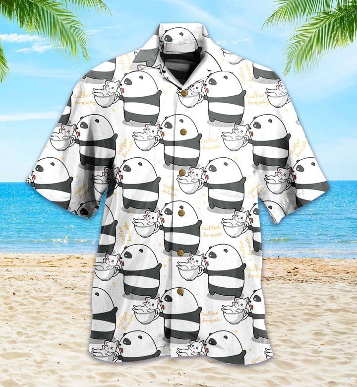 Panda And Cat Coffee Break Cute White Trendy Hawaiian Shirt 3D, Panda Green Tropical Leaves Trendy Hawaiian Shirt, Panda Lover Trendy Hawaiian Shirt For