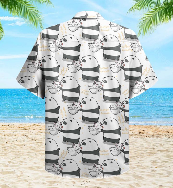 Panda And Cat Coffee Break Cute White Trendy Hawaiian Shirt 3D, Panda Green Tropical Leaves Trendy Hawaiian Shirt, Panda Lover Trendy Hawaiian Shirt For