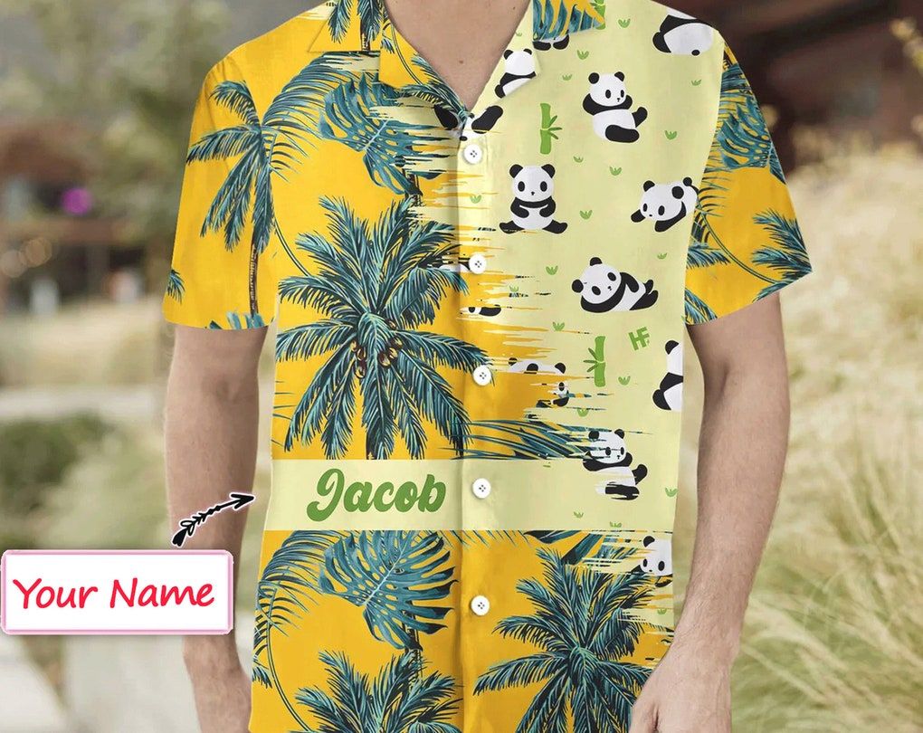 Panda Yellow Tropical Custom Trendy Hawaiian Shirt, Custom Trendy Hawaiian Shirt With Name, Shirt For Men Women Kid Summer Party, Shirt For Logo.