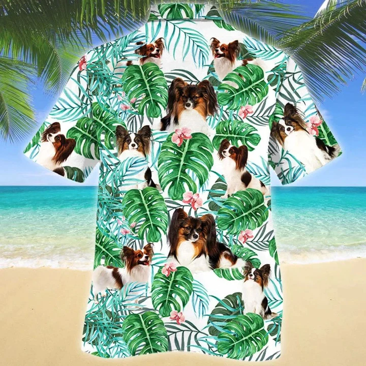 Papillon Dog Tropical Plant Monstera Leaves And Pink Flower Pattern Trendy Hawaiian Shirt