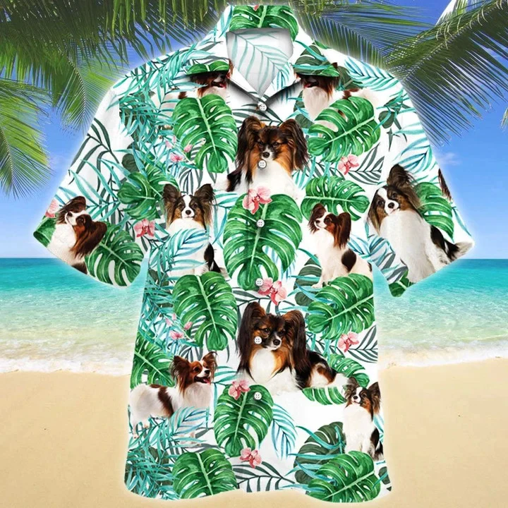 Papillon Dog Tropical Plant Monstera Leaves And Pink Flower Pattern Trendy Hawaiian Shirt Papillon Dog Tropical Plant Monstera Leaves And Pink Flower Pattern Trendy Hawaiian Shirt