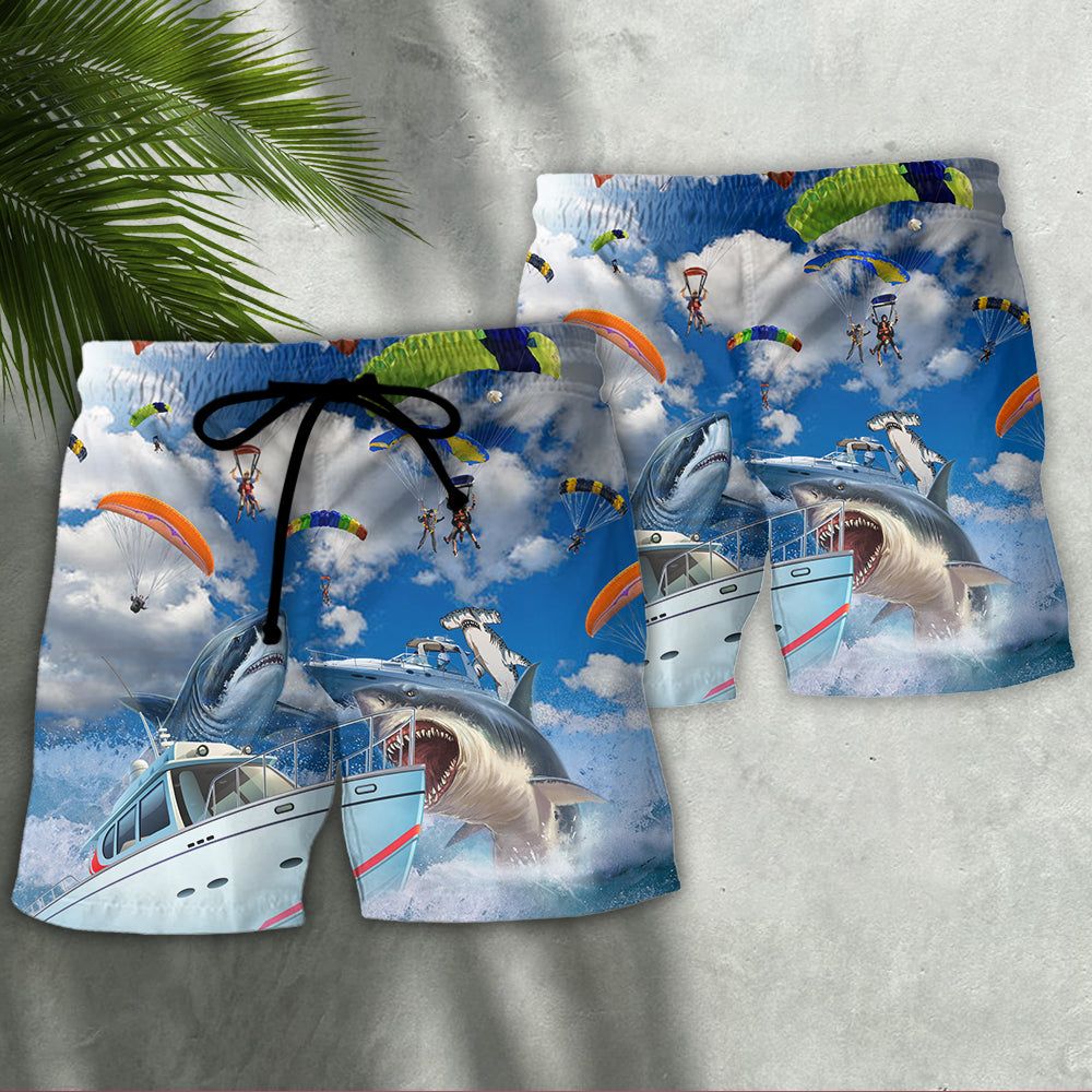 Parasailing Let’s Fly Away With Shark Trendy Aloha Hawaiian Beach Shorts