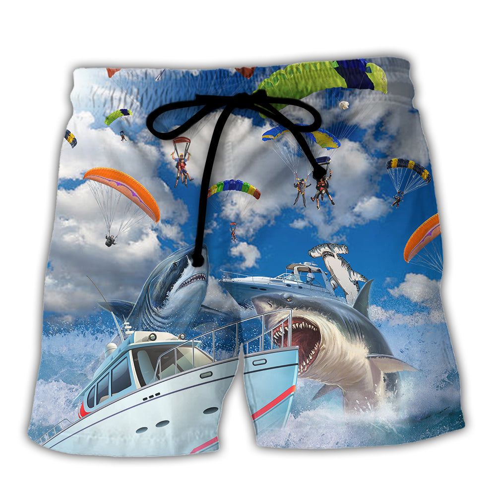 Parasailing Let’s Fly Away With Shark Trendy Aloha Hawaiian Beach Shorts Parasailing Let’s Fly Away With Shark Trendy Aloha Hawaiian Beach Shorts