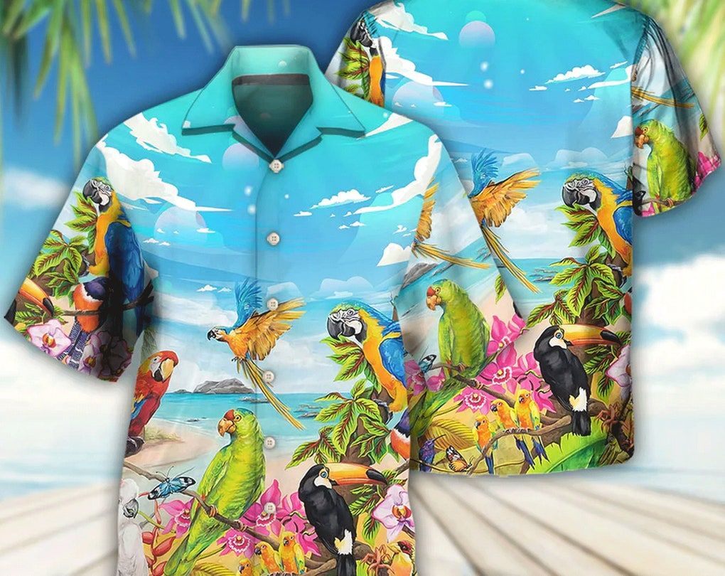 Parrot Beach And Sky Art – Trendy Hawaiian Shirt, Tropical Beach Shirt Button Down Shirt, Funny Trendy Hawaiian Shirt, Best Gifts For Men, Hawaiian Set.