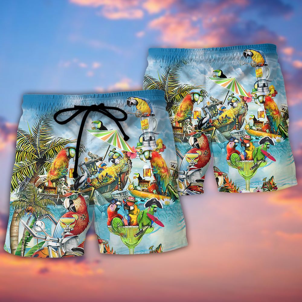 Parrot Cocktail Tropical Vibes Trendy Aloha Hawaiian Beach Shorts