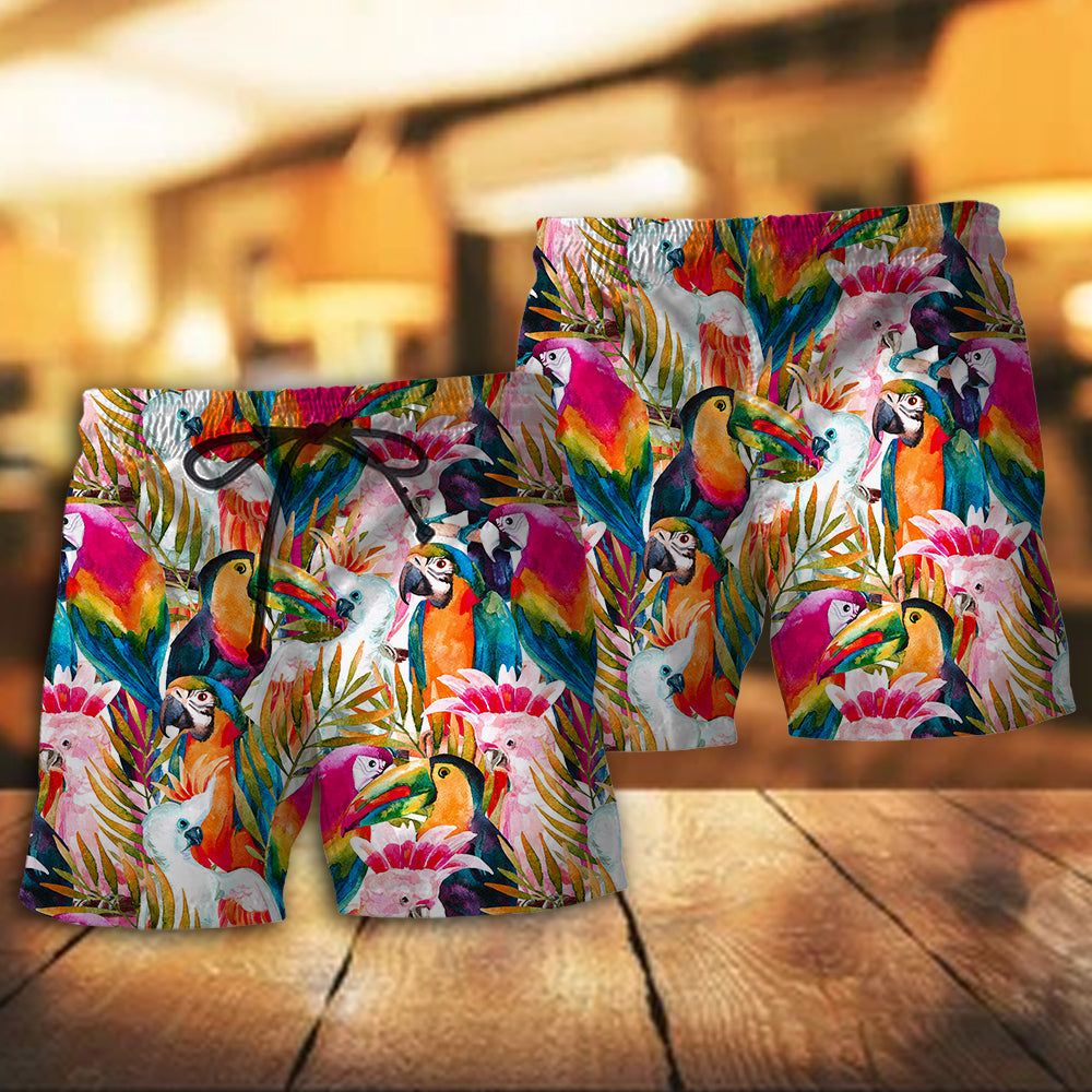 Parrot Colorful Tropical Leaf Trendy Aloha Hawaiian Beach Shorts