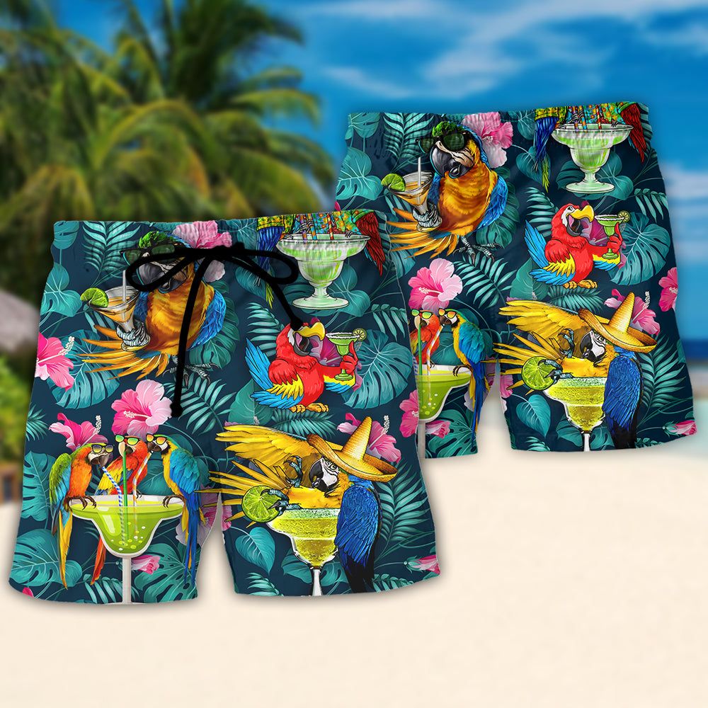 Parrot Funny Drinking Cocktails The Beach Is My Happy Place Tropical Style Trendy Aloha Hawaiian Beach Shorts