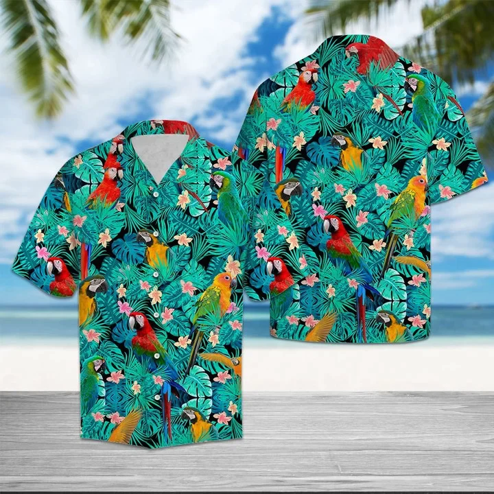 Parrot Hawaii Shirt For Men, Vivid Parrot Tropical Palm Leaves Summer Vacation Gift Ideal Trendy Hawaiian Shirt