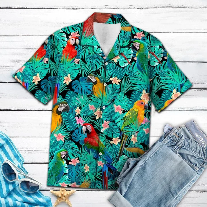 Parrot Hawaii Shirt For Men, Vivid Parrot Tropical Palm Leaves Summer Vacation Gift Ideal Trendy Hawaiian Shirt