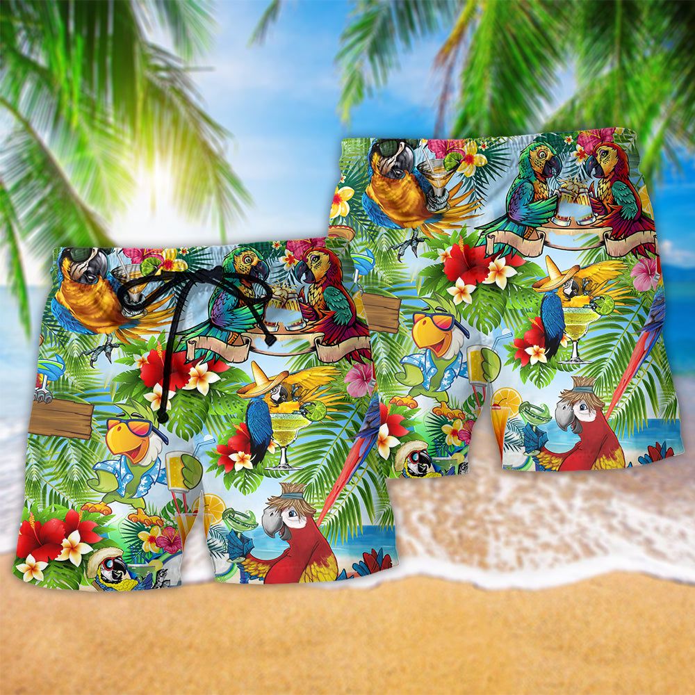 Parrot Love Life Tropical Floral Trendy Aloha Hawaiian Beach Shorts