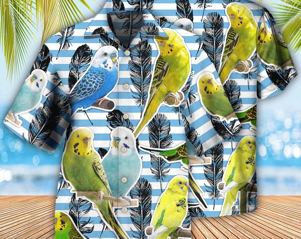 Parrot Parakeet Blue And White Stripe -Trendy Hawaiian Shirt, Short Sleeve Hawaiian Aloha Shirt, Hawaii Style Hawaii Honeymoon Shirt, Summer Party.