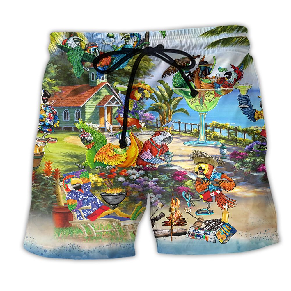 Parrot Party Tropical Summer Beach Trendy Aloha Hawaiian Beach Shorts Parrot Party Tropical Summer Beach Trendy Aloha Hawaiian Beach Shorts