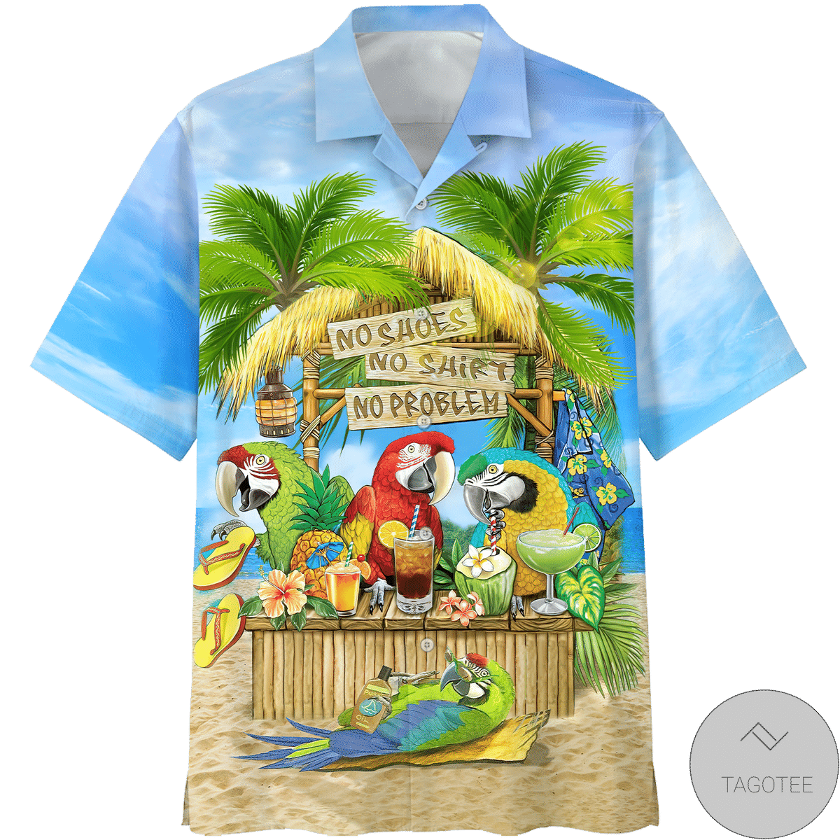 Parrot Proclaims No Shoes Shirt Problem on Hawaiian Shirt