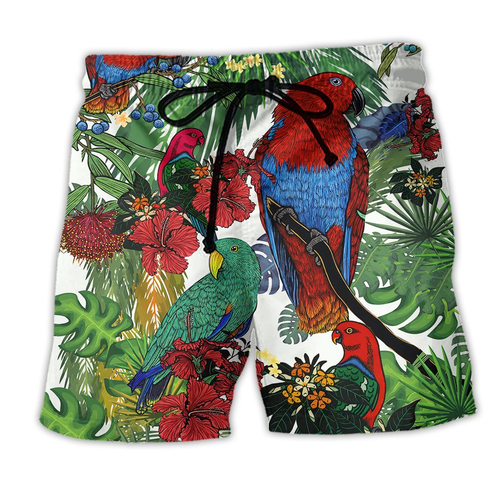 Parrot Red And Green Style With Flower Trendy Aloha Hawaiian Beach Shorts Parrot Red And Green Style With Flower Trendy Aloha Hawaiian Beach Shorts