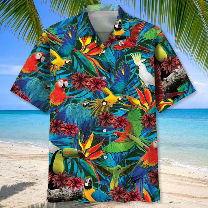Parrot Tropical Trendy Hawaiian Shirt, Men’s Unisex Summer Beach Casual Short Sleeve Summer Vacation Beach Shirts