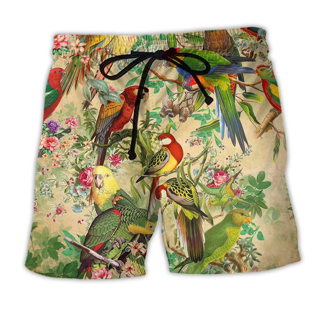 Parrot Vintage Floral Color Trendy Aloha Hawaiian Beach Shorts Parrot Vintage Floral Color Trendy Aloha Hawaiian Beach Shorts