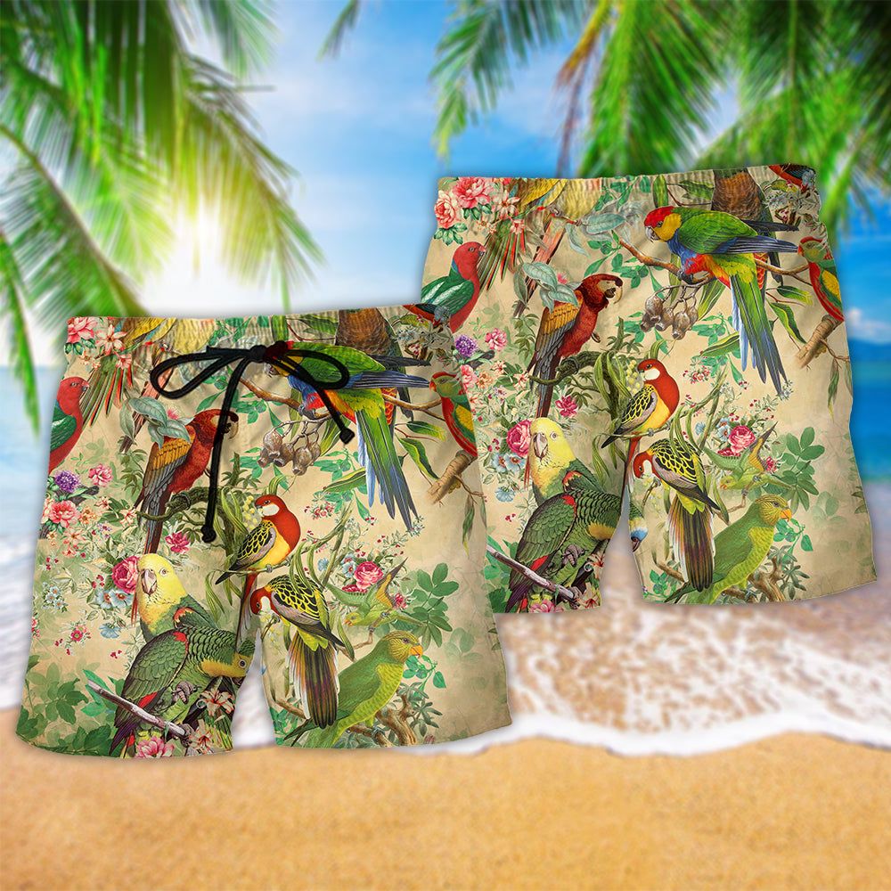 Parrot Vintage Floral Color Trendy Aloha Hawaiian Beach Shorts