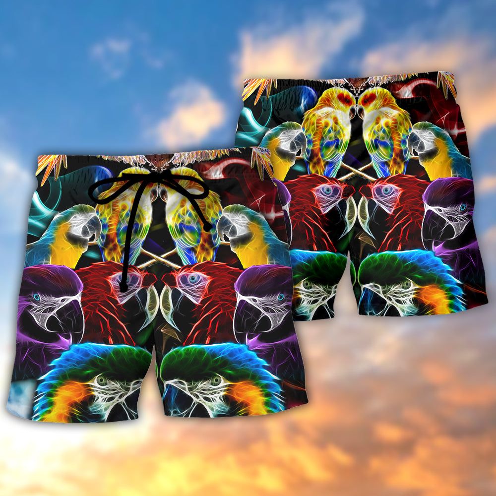 Parrot Wild Animal Neon Colorful Trendy Aloha Hawaiian Beach Shorts