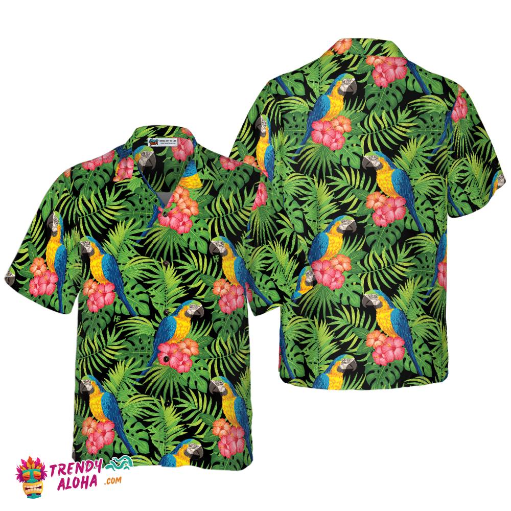 Parrots Hibiscus And Palm Leaves Hawaiian Shirt