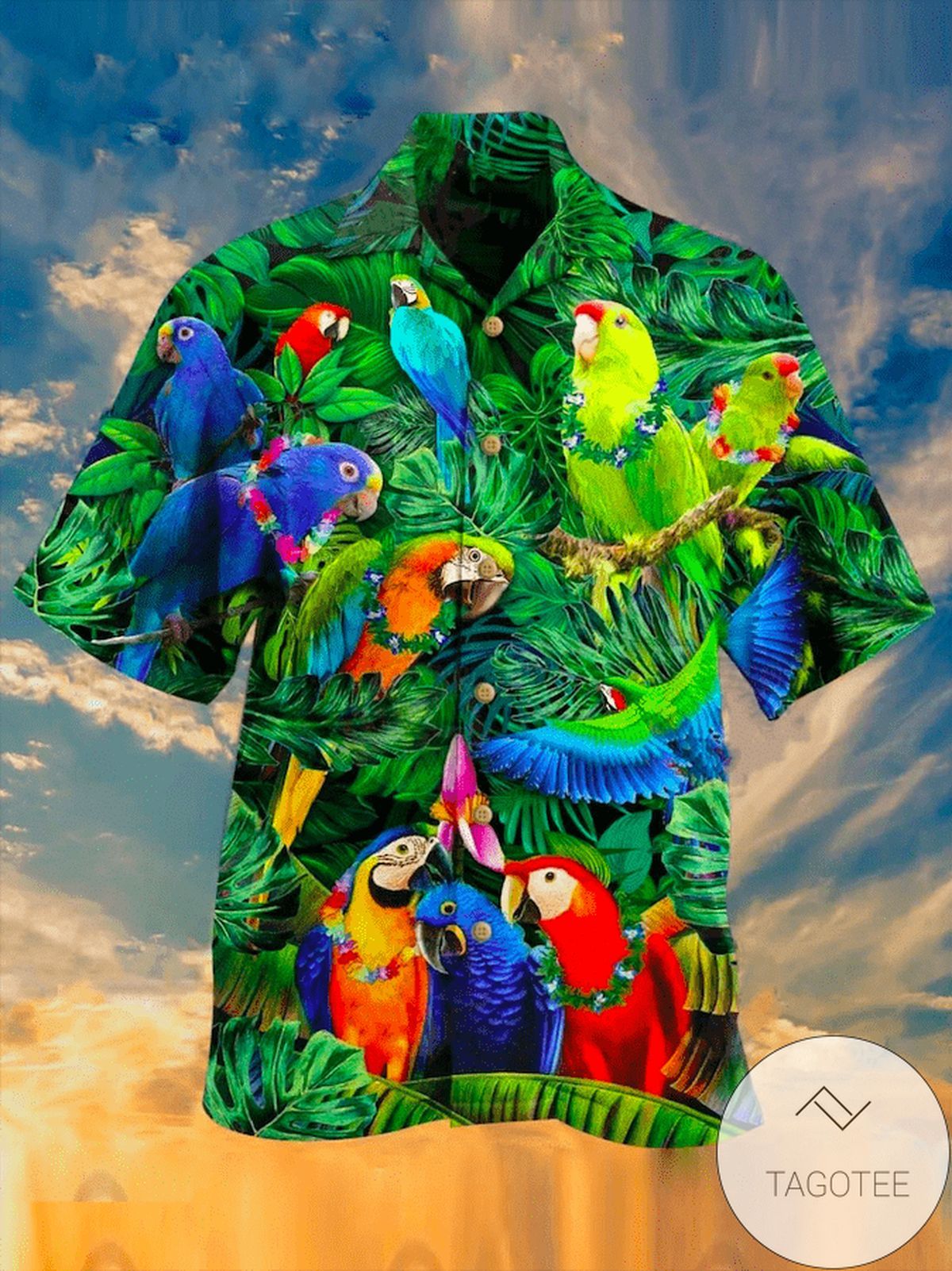 Parrots Radiate Tropical Splendor on Lush Green Hawaiian Shirt