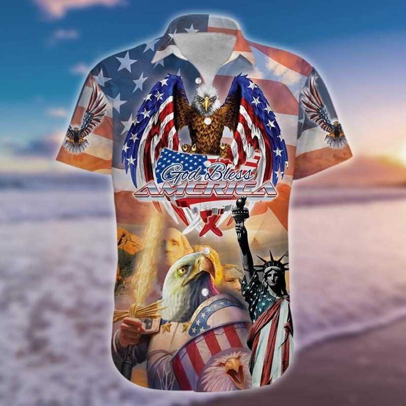 Patriot 4Th Of July Hawaii Shirt God Bless America American Flag Eagle Statue Of Liberty Hawaiian Shirt 4Th Of July Aloha Shirt
