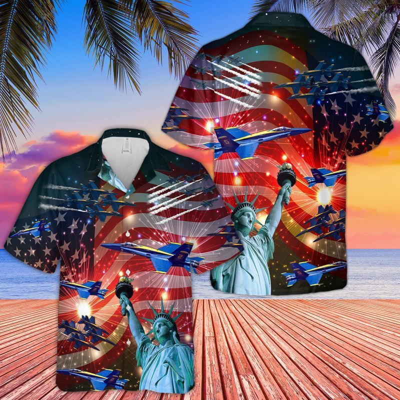 Patriot 4Th Of July Trendy Hawaiian Shirt Blue Angels Air Show Statue Of Liberty Hawaii Aloha Shirt