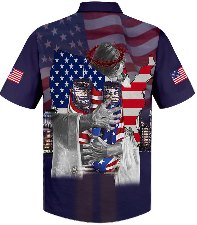 Patriot Day Hawaiian Shirt 9.11 Never Forget Firefighter In The God’s Arm Blue Hawaii Aloha Shirt September 11Th Hawaii Shirt