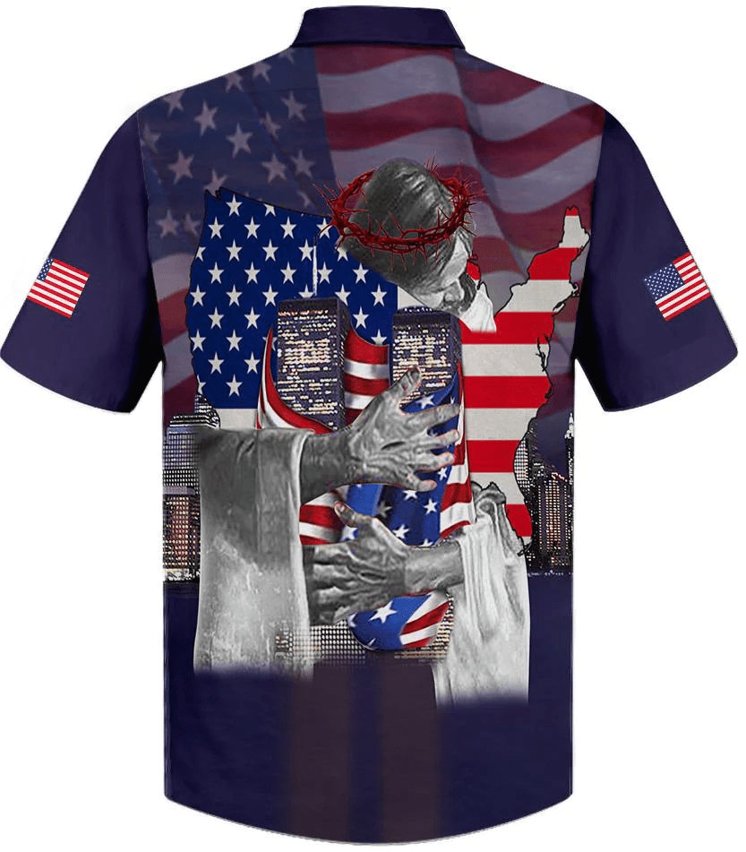Patriot Day Trendy Hawaiian Shirt 9.11 Never Forget Firefighter In The God’s Arm Blue Hawaii Aloha Shirt
