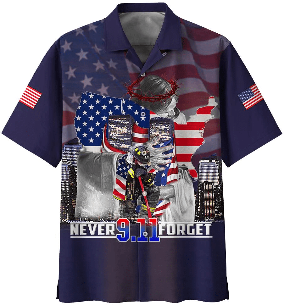 Patriot Day Trendy Hawaiian Shirt 9.11 Never Forget Firefighter In The God’s Arm Blue Hawaii Aloha Shirt