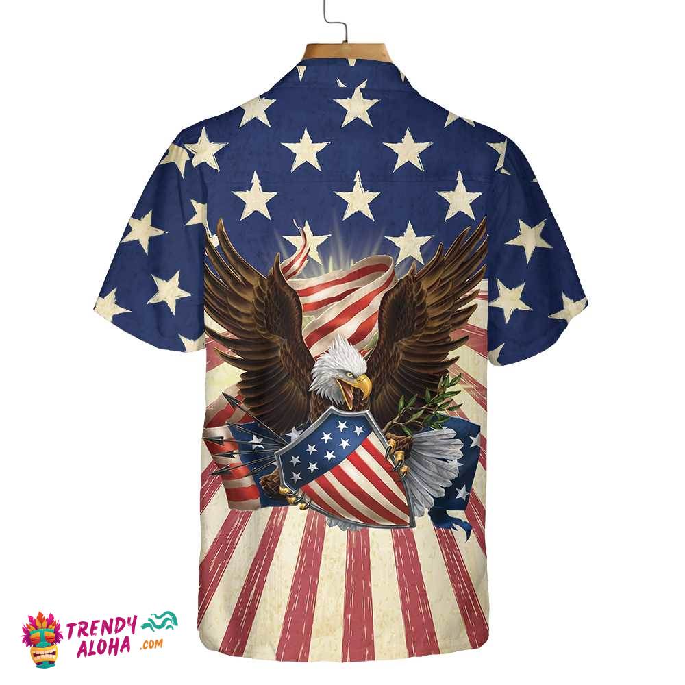Patriotic Eagle Defending Honor And America Hawaiian Shirt, American Flag Button-Down Shirt