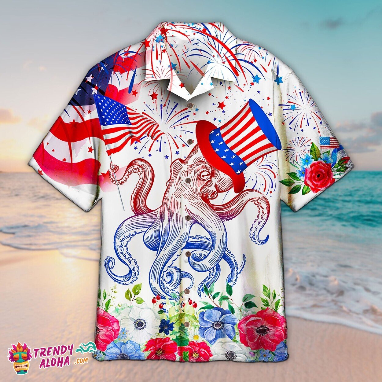 Patriotic Octopus Heartbeat Unisex Hawaiian Shirt Aloha Short Sleeve Top