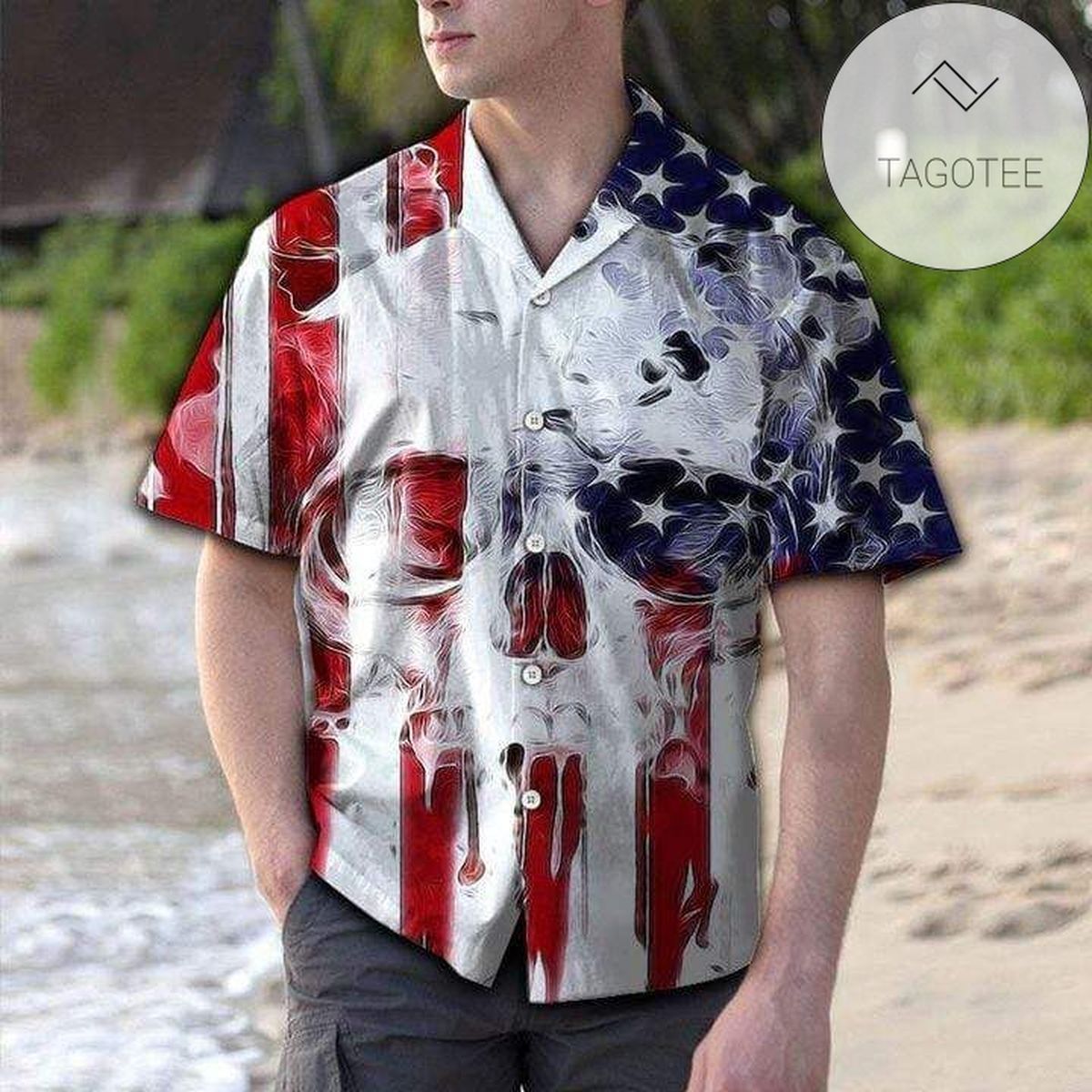 Patriotic Retro Skull Embraced by USA Flag on Hawaiian Shirt Design