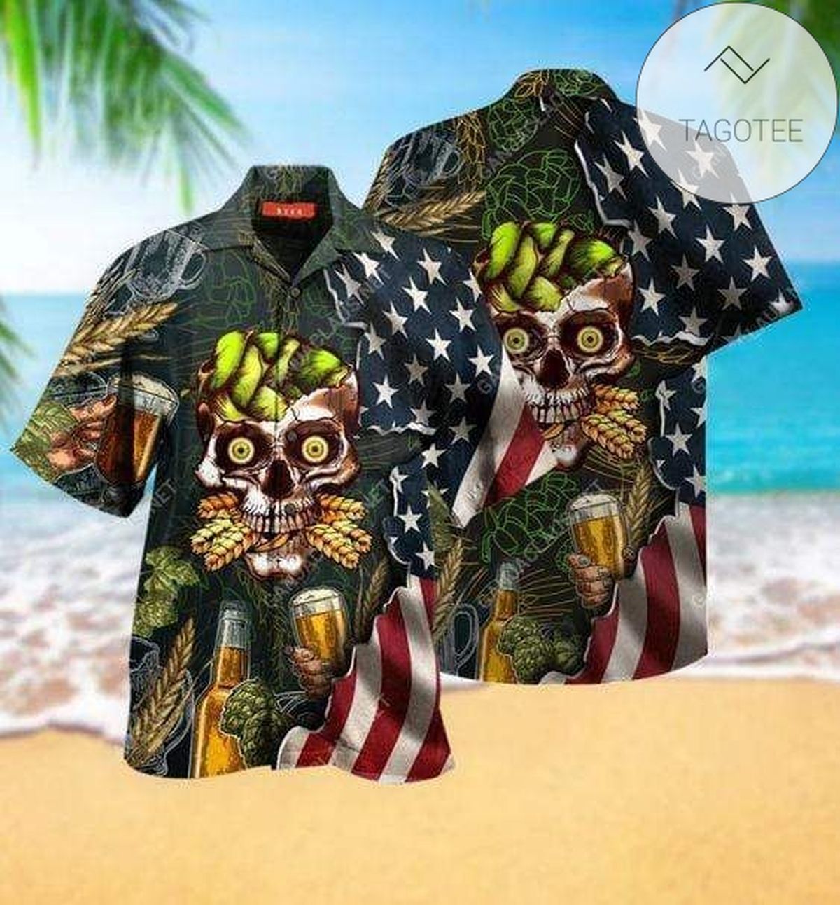 Patriotic Skull Merrily Toasting a Beer Flag on Hawaiian Shirt