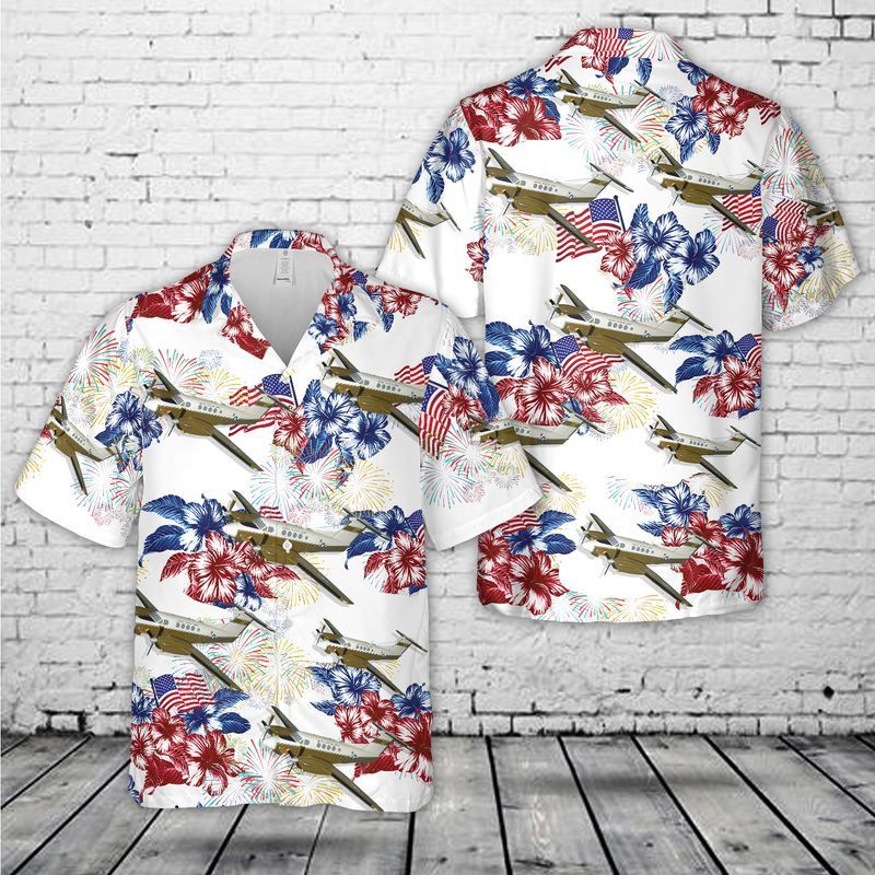 Patriotic Trendy Hawaiian Shirt for Men: US Army Beechcraft C-12 Huron Aircraft 4th of July Apparel