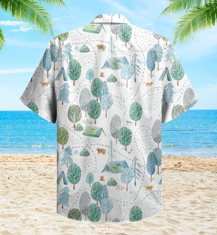 Pattern Camping Road Fox Wolf Bear Woods Trees Grey Trendy Hawaiian Shirt 3D, Fox Lover Trendy Hawaiian Shirt For Summer Gifts