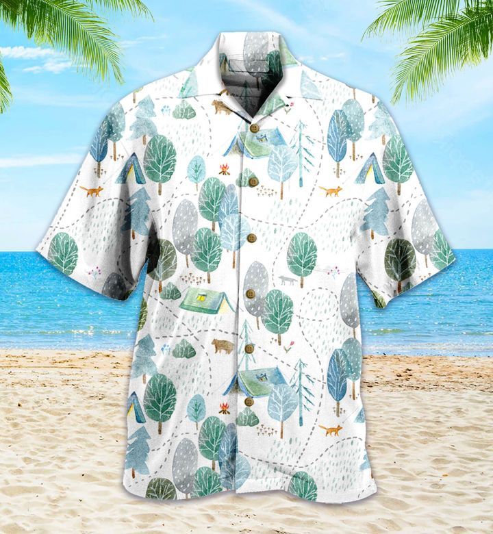 Pattern Camping Road Fox Wolf Bear Woods Trees Grey Trendy Hawaiian Shirt 3D, Fox Lover Trendy Hawaiian Shirt For Summer Gifts