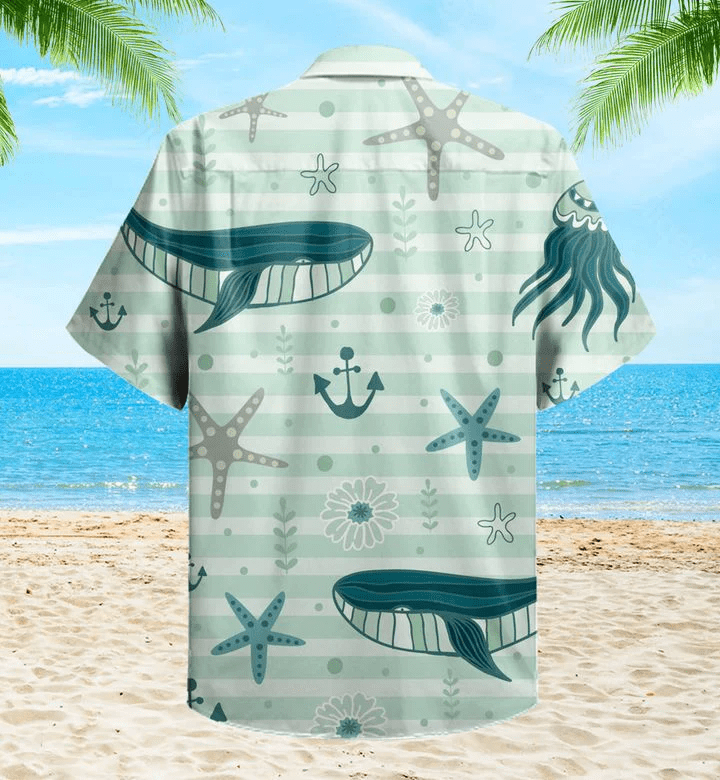 Pattern Cute Whales Jellyfishes Green Trendy Hawaiian Shirt 3D Summer Gifts
